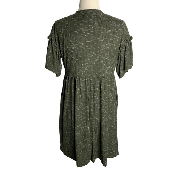 Violet Weekend Ribbed Knit T Shirt Dress S Green Flutter Sleeve Pockets Buttons - Picture 4 of 6